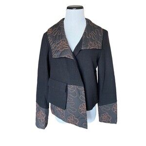 Virgin Wool Artisan Blazer Womens size 10 Floral Embroided Asymmetrical Open Art